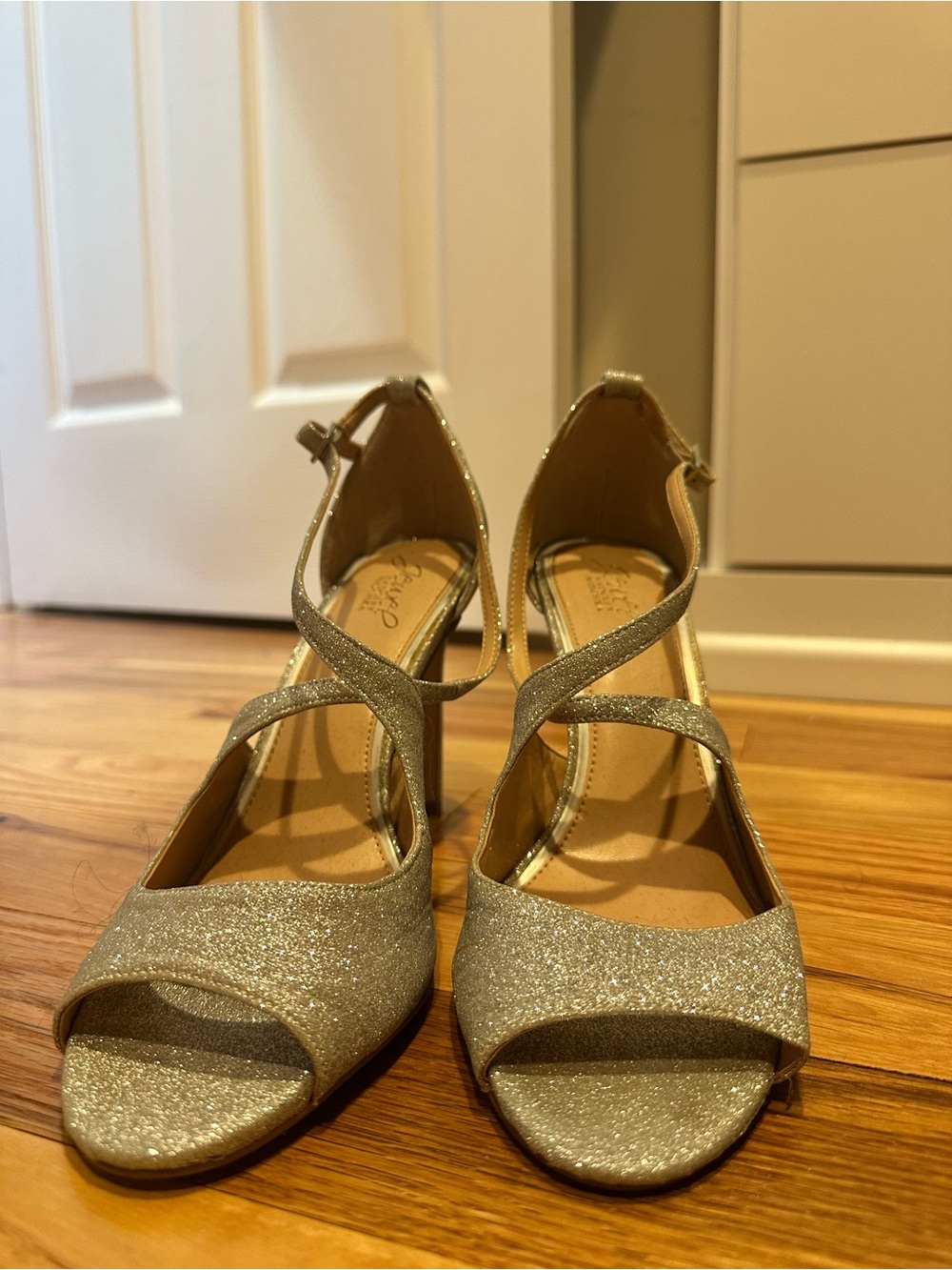 Jewel by Badgley Mischka Silver Glitter Strappy Heels